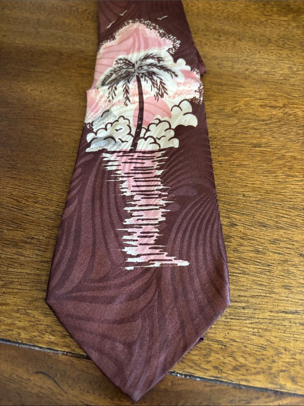 Vintage Tropical Tie w/ palm tree, birds, clouds upon sunsetting on the ocean
